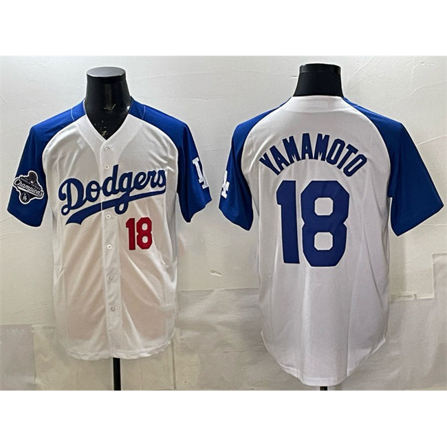 seanshop Los Angeles Dodgers #18 Yoshinobu Yamamoto White Royal  2025 World Series Champions Patch Limited Stitched Jersey
