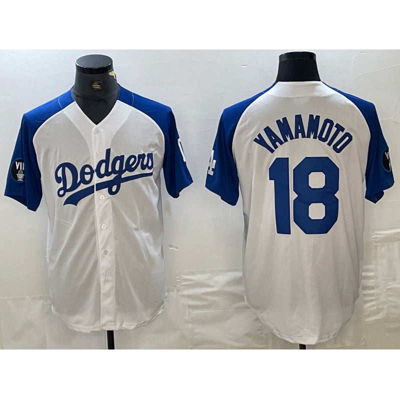 seanshop Los Angeles Dodgers #18 Yoshinobu Yamamoto White Blue  Fashion Stitched Cool Base Limited Jerseys