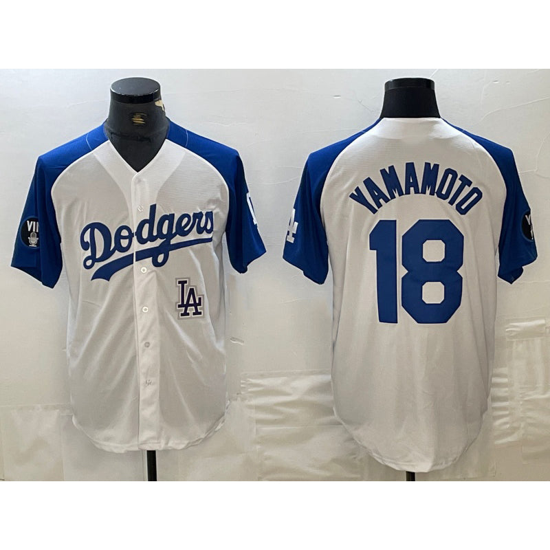 seanshop Los Angeles Dodgers #18 Yoshinobu Yamamoto White Blue  Fashion Stitched Cool Base Limited Jersey 2