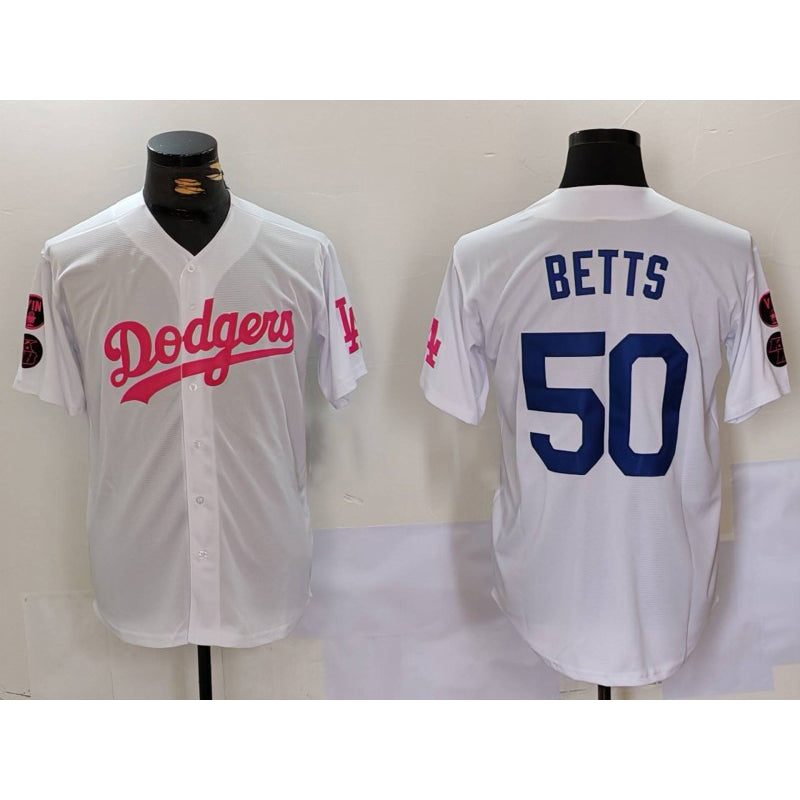 seanshop Los Angeles Dodgers #50 Mookie Betts White Pink  Vin & Kobe Patch Stitched Jersey1