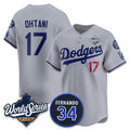 seanshop Los Angeles Dodgers #17 Shohei Ohtani Gray  2025 World Series With No. 34 Patch Limited Stitched Jersey