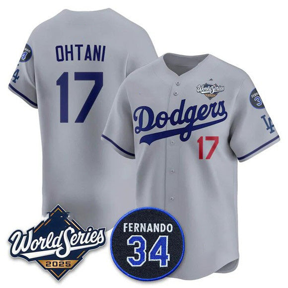 seanshop Los Angeles Dodgers #17 Shohei Ohtani Gray  2025 World Series With No. 34 Patch Limited Stitched Jersey