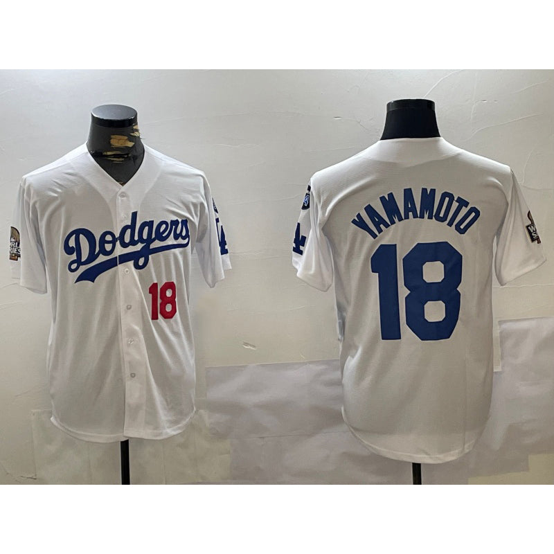 seanshop Los Angeles Dodgers #18 Yoshinobu Yamamoto White  2024 World Series With Fernando Memorial Patch Home Limited Stitched Jerseys