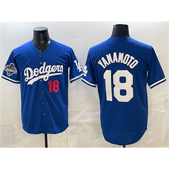 seanshop Los Angeles Dodgers #18 Yoshinobu Yamamoto Royal  2025 World Series Champions Patch Limited Stitched Jersey