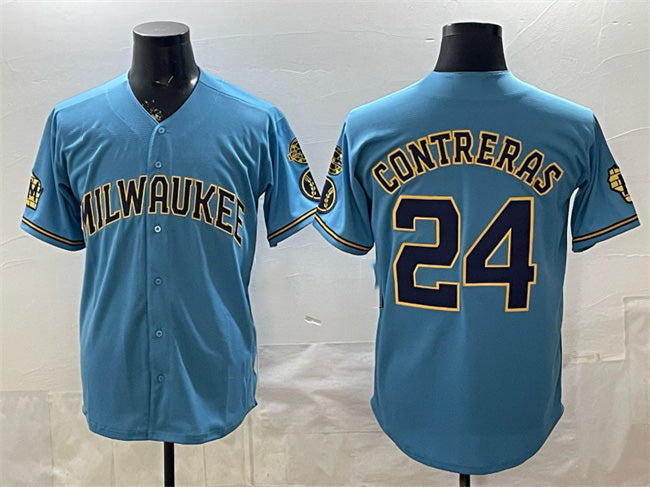 seanshop    Milwaukee Brewers #24 William Contreras Blue  With Home & Bob Uecker Patch Stitched Jersey
