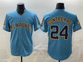 seanshop    Milwaukee Brewers #24 William Contreras Blue  With Home & Bob Uecker Patch Stitched Jersey
