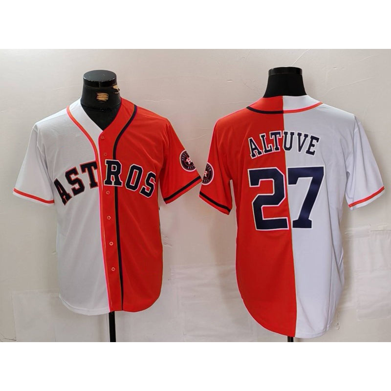 seanshop Houston Astros #27 Jose Altuve White Orange  Blue Number Split Stitched Jersey 2