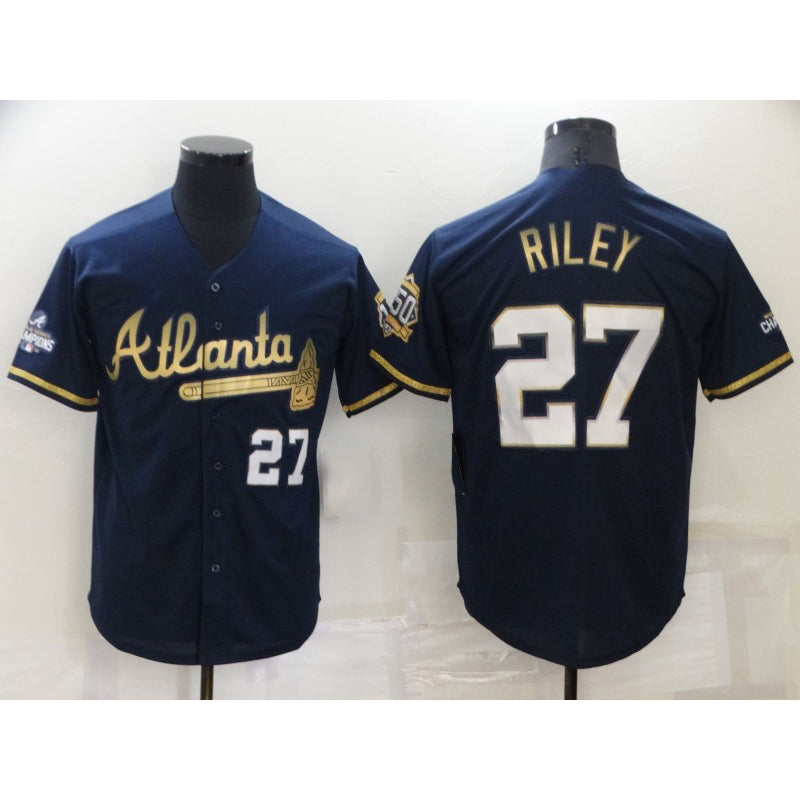 seanshop Atlanta Braves #27 Austin Riley 2022 Navy Blue  2021 World Series Champions Golden Edition Stitched Cool Base Jersey
