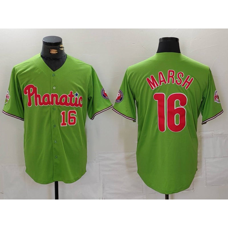 seanshop  Philadelphia Phillies #16 Brandon Marsh Number Green  With Patch Stitched Cool Base Jersey