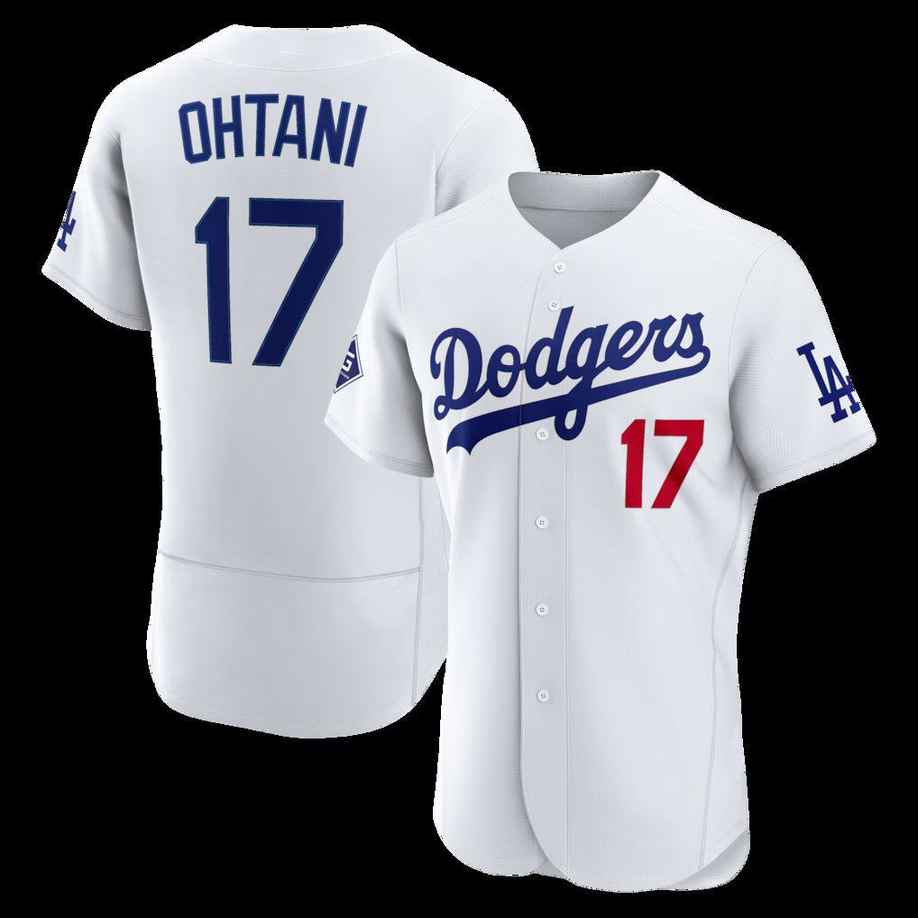 seanshop Los Angeles Dodgers #17 Shohei Ohtani White  Home Authentic Sponsor Patch Jersey