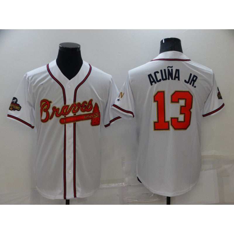 seanshop Atlanta Braves #13 Ronald Acuna Jr 2022 White Gold  World Series Champions Program Cool Base Stitched Jersey