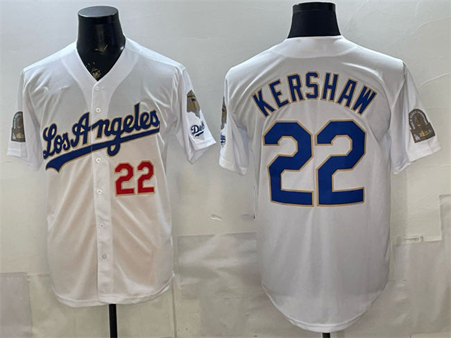 seanshop Los Angeles Dodgers #22 Clayton Kershaw White  2026 Gold Collection 9x & B2B Champs Patch Stitched Jersey