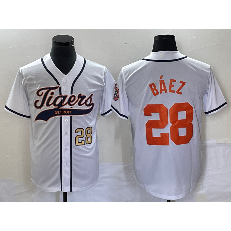 seanshop Detroit Tigers #28 Javier Baez Number White  Cool Base Stitched Jersey