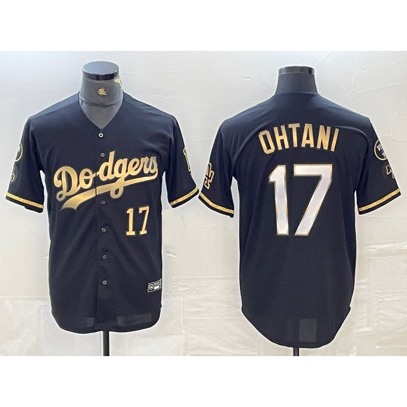 seanshop Los Angeles Dodgers #17 Shohei Ohtani Number Black Gold  Stitched Cool Base Jersey 2