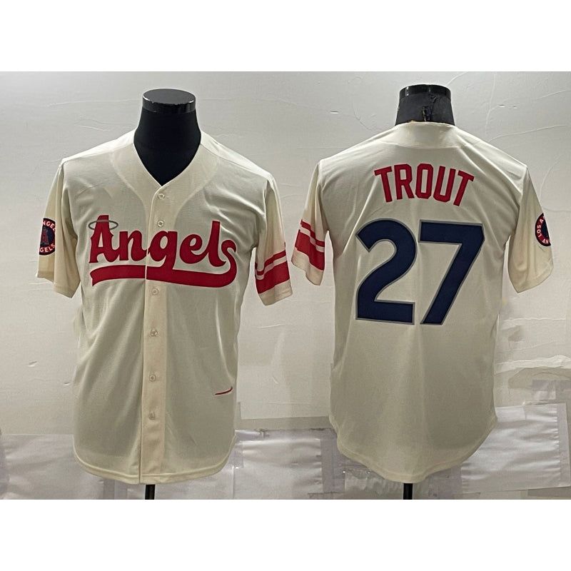 seanshop Los Angeles Angels #27 Mike Trout Cream  2022 City Connect Cool Base Stitched Jersey