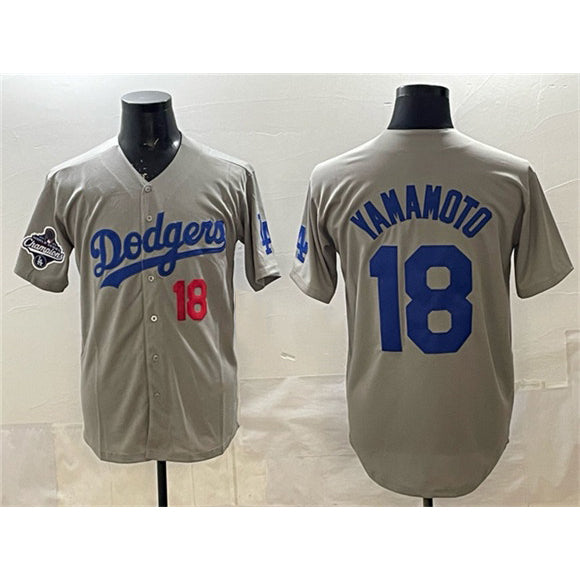 seanshop Los Angeles Dodgers #18 Yoshinobu Yamamoto Gray  2025 World Series Champions Patch Stitched Jersey