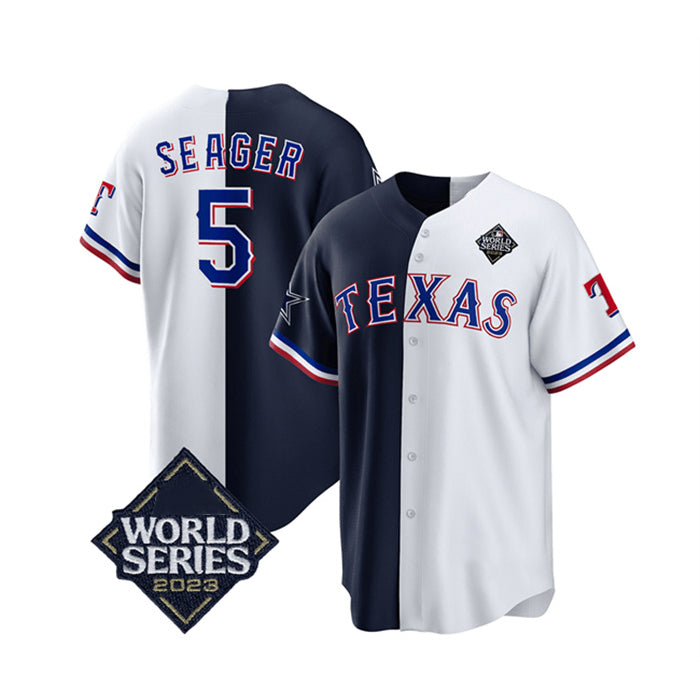seanshop  Texas Rangers & Cowboys #5 Corey Seager Navy White  2023 World Series Splite Stitched Jersey