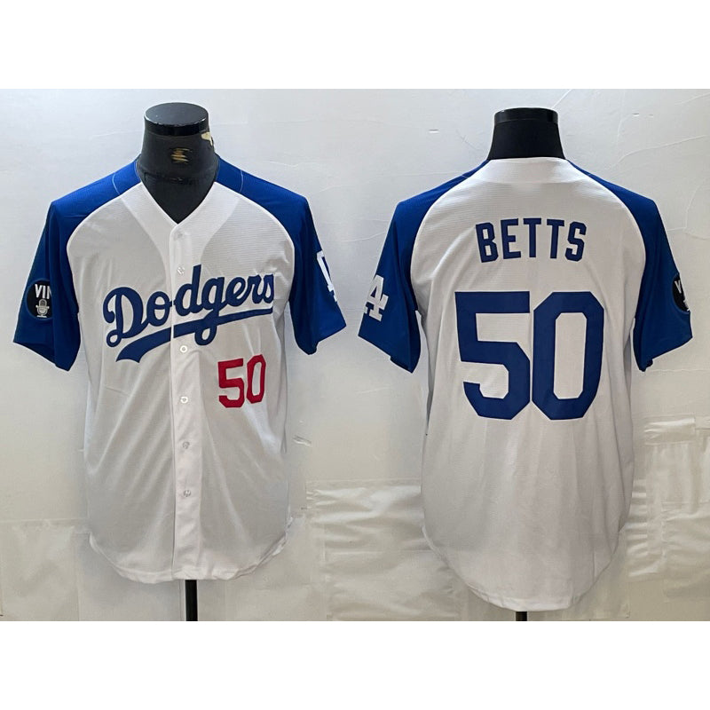 seanshop Los Angeles Dodgers #50 Mookie Betts Number White Blue  Fashion Stitched Cool Base Limited Jerseys