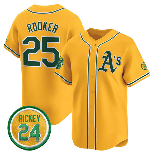 seanshop  Oakland Athletics  #25 Brent Rooker Yellow  2024 Limited With Rickey Henderson Patch Stitched Jersey