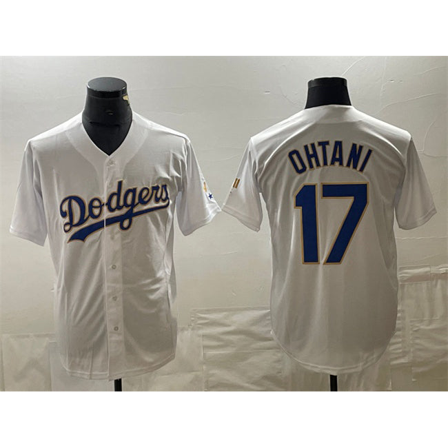 seanshop Los Angeles Dodgers #17 Shohei Ohtani White Gold  Cool Base With Patch Stitched Jersey