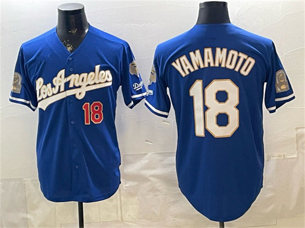 seanshop Los Angeles Dodgers #18 Yoshinobu Yamamoto Royal  2026 Gold Collection 9x & B2B Champs Patch Stitched Jersey