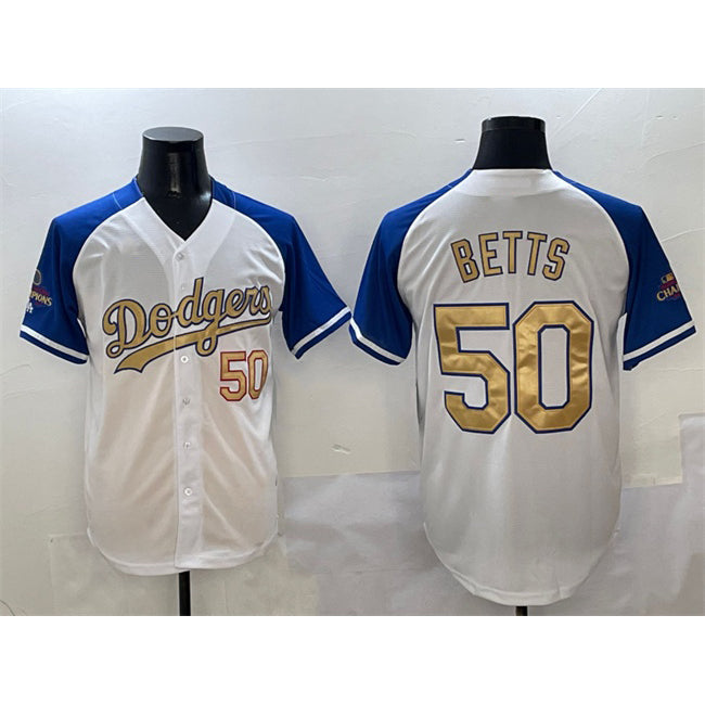 seanshop Los Angeles Dodgers #50 Mookie Betts White Royal Gold  2024 World Series Champions Vapor Limited Stitched Jersey