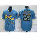 seanshop    Milwaukee Brewers #22 Christian Yelich Number Blue  2022 City Connect Cool Base Stitched Jersey