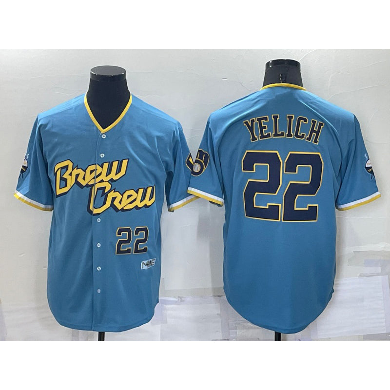 seanshop    Milwaukee Brewers #22 Christian Yelich Number Blue  2022 City Connect Cool Base Stitched Jersey