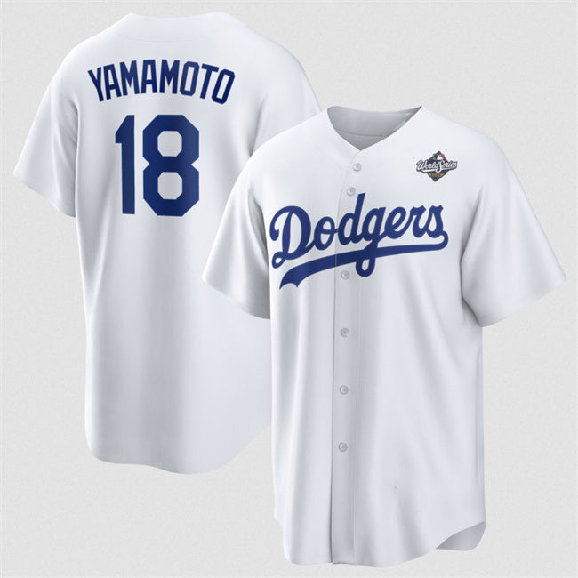 seanshop Los Angeles Dodgers #18 Yoshinobu Yamamoto White  2025 World Series Home Cool Base Stitched Jersey