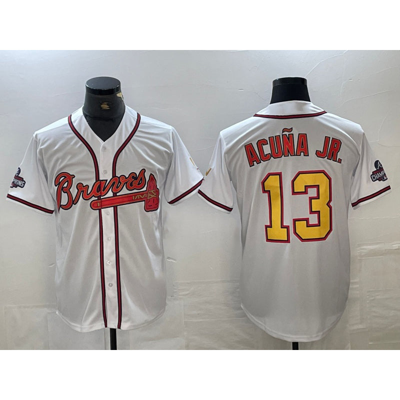 seanshop Atlanta Braves #13 Ronald Acuna Jr White Gold  2021 World Series Champions Stitched Cool Base Jersey