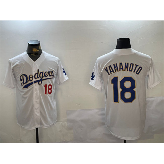 seanshop Los Angeles Dodgers #18 Yoshinobu Yamamoto White Gold  Home Limited Stitched Jerseys