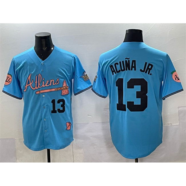 seanshop Atlanta Braves #13 Ronald Acuna Jr. Blue  2024 Atliens & Peach With Outkast Patch Vapor Limited Stitched Jersey