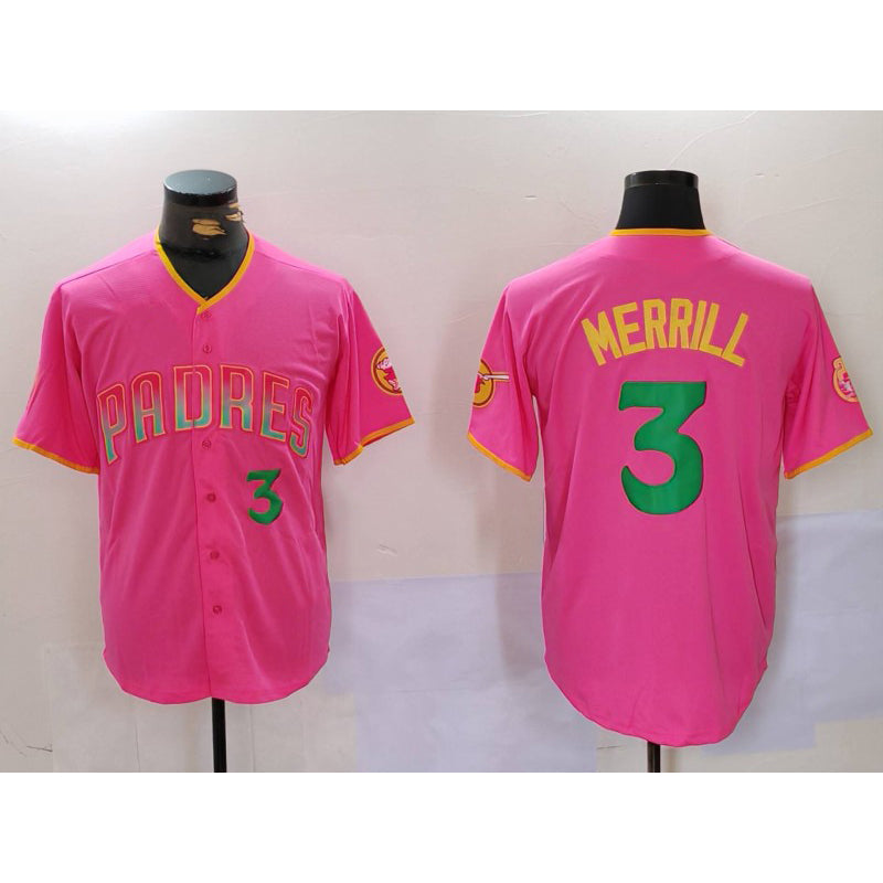 seanshop  San Diego Padres #3 Jackson Merrill Pink  Player Number Fashion Jersey 2