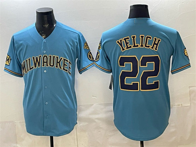 seanshop    Milwaukee Brewers #22 Christian Yelich Blue  With Home & Bob Uecker Patch Stitched Jersey