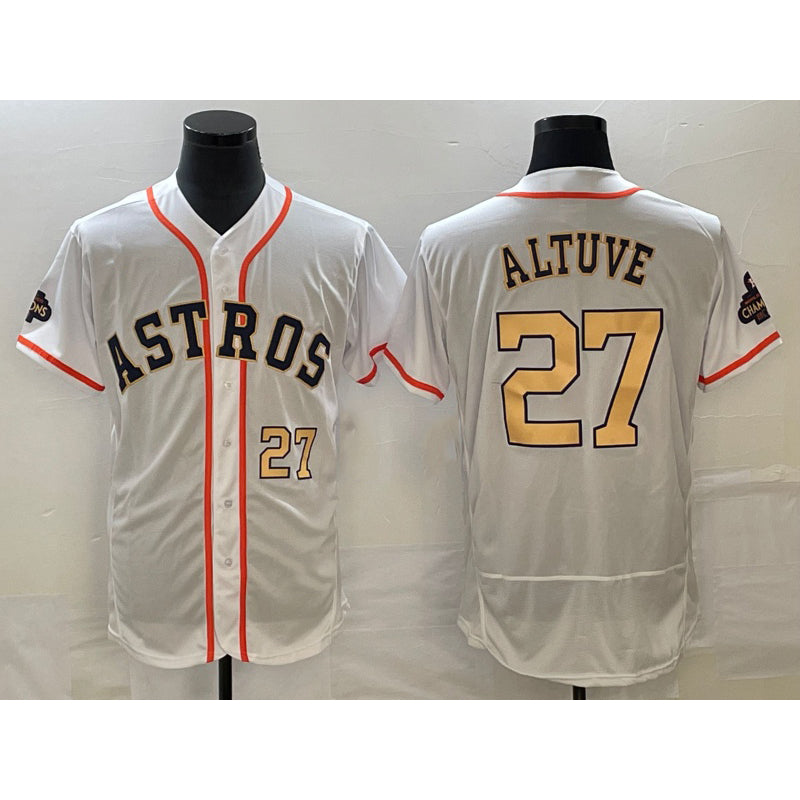 seanshop Houston Astros #27 Jose Altuve Number 2023 White  Gold World Serise Champions Patch Flex Base Stitched Jersey 3