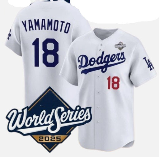 seanshop Los Angeles Dodgers #18 Yoshinobu Yamamoto White  2025 World Series Home Limited Stitched Jersey