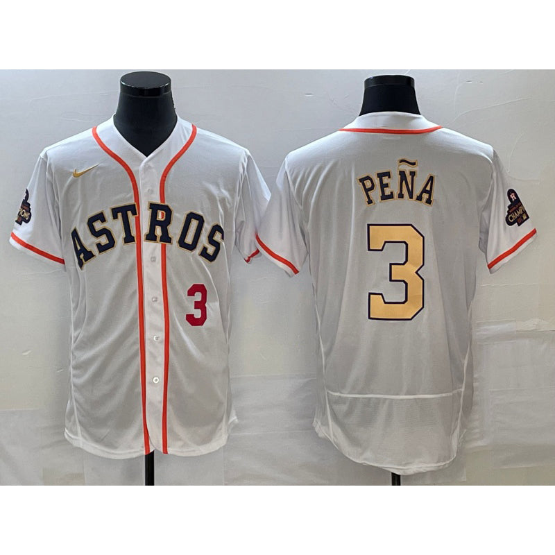 seanshop Houston Astros #3 Jeremy Pena Number 2023 White Gold  World Serise Champions Patch Flex Base Stitched Jersey