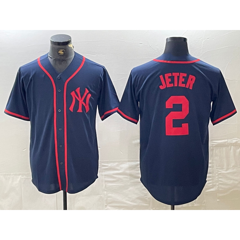 seanshop  New York Yankees #2 Derek Jeter Navy Red  Fashion Cool Base Jersey