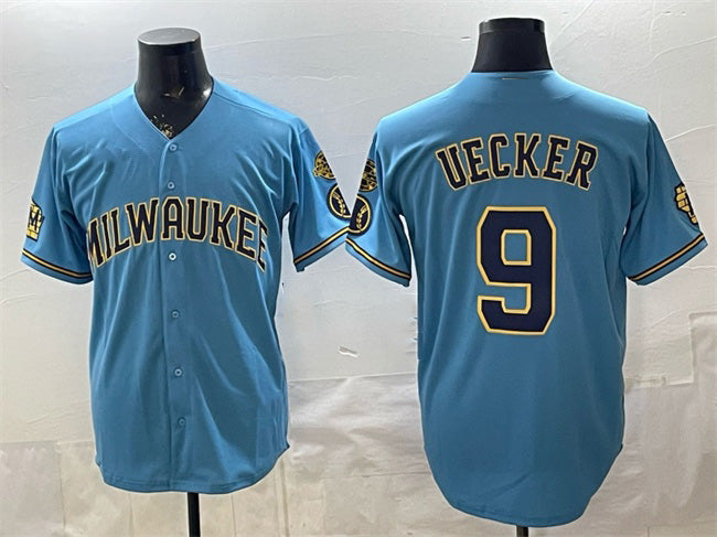 seanshop    Milwaukee Brewers #9 Bob Uecker Blue  With Home & Bob Uecker Patch Stitched Jersey