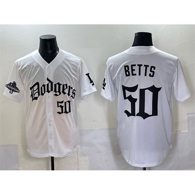 seanshop Los Angeles Dodgers #50 Mookie Betts White  2025 LA Gothic Style With 2024 World Series Champions Patch Vapor Premier Limited Stitched Jersey