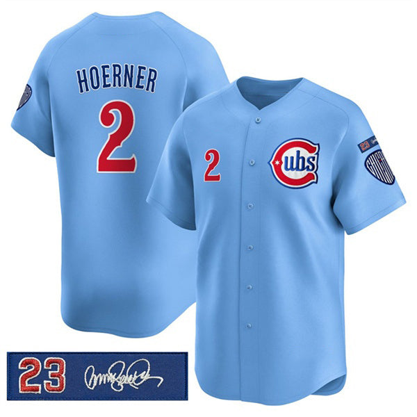 seanshop  Chicago Cubs #2 Nico Hoerner Blue  'Ryne Sandberg Tribute' Vapor Limited V3 Stitched Jersey