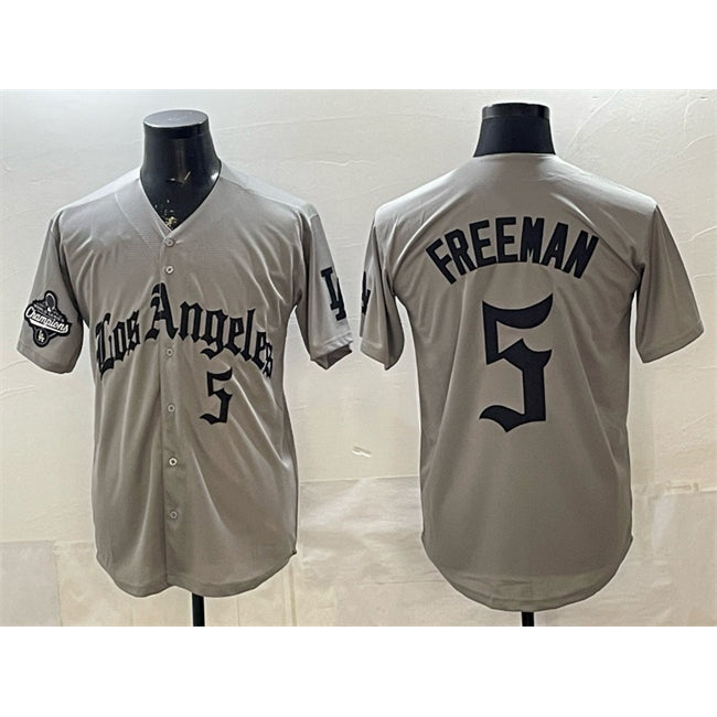 seanshop Los Angeles Dodgers #5 Freddie Freeman Grey  LA Gothic Style With 2025 World Series Champions Patch Limited Stitched Jersey