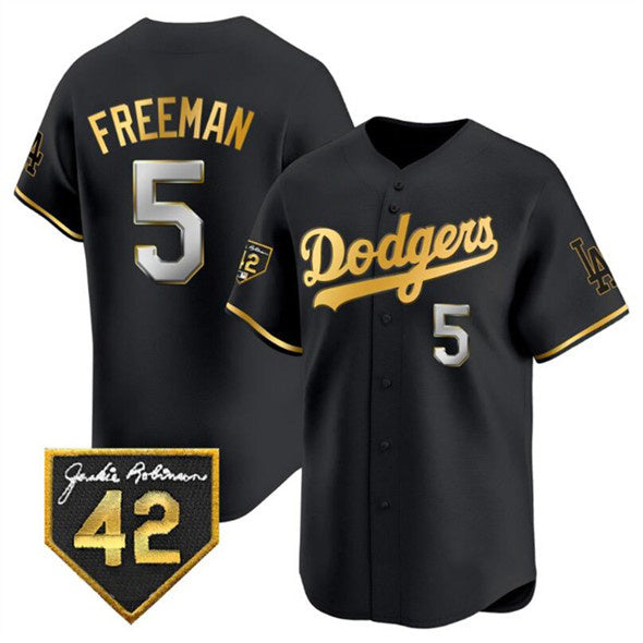 seanshop Los Angeles Dodgers #5 Freddie Freeman Black Gold  With Jackie Robinson Patch Limited Stitched Jersey