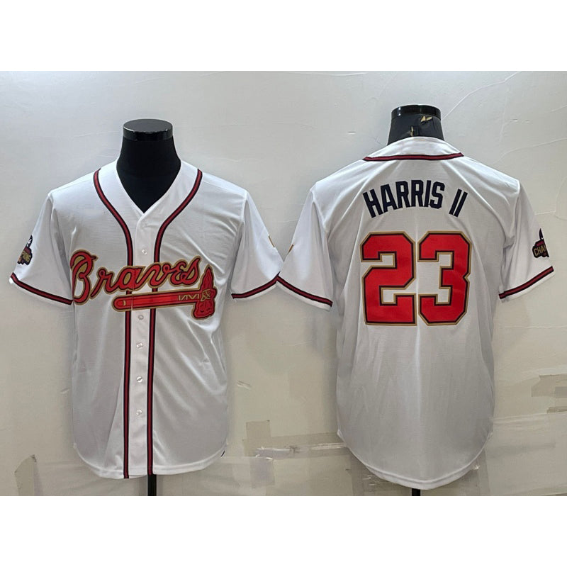 seanshop Atlanta Braves #23 Michael Harris II White Gold  World Series Champions Program Cool Base Stitched Jersey