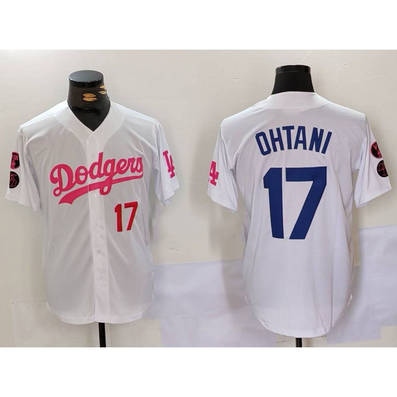 seanshop Los Angeles Dodgers #17 Shohei Ohtani White Pink  Vin & Kobe Patch Stitched Jerseys