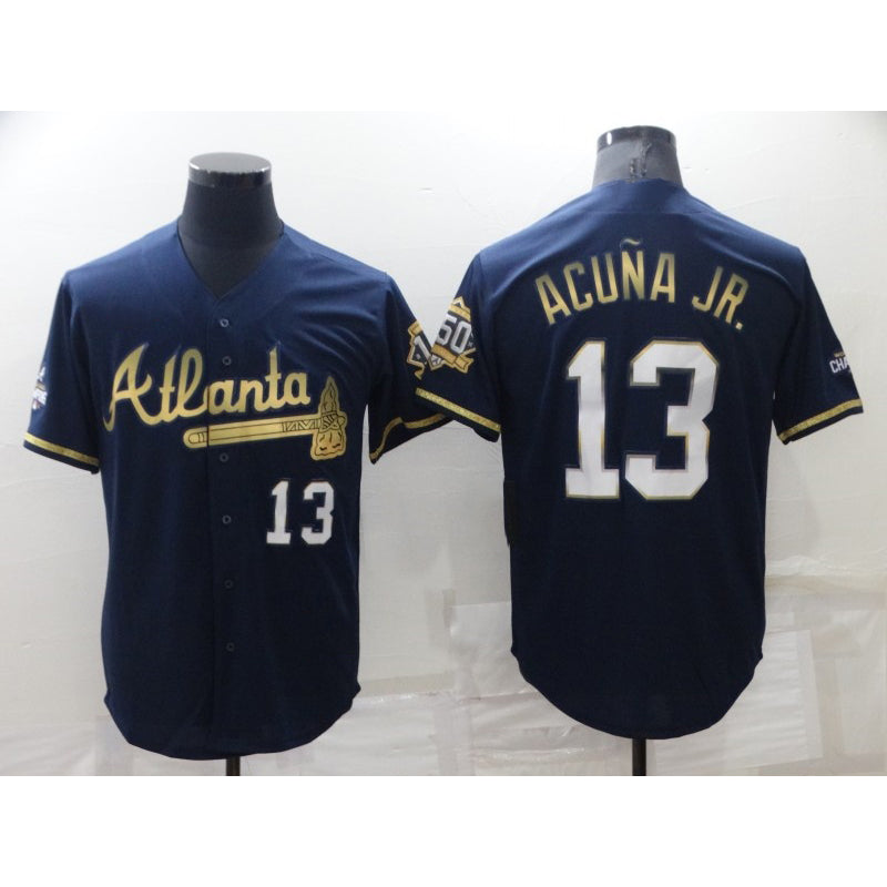 seanshop Atlanta Braves #13 Ronald Acuna Jr Navy Blue  2021 World Series Champions Golden Edition Stitched Cool Base Jersey