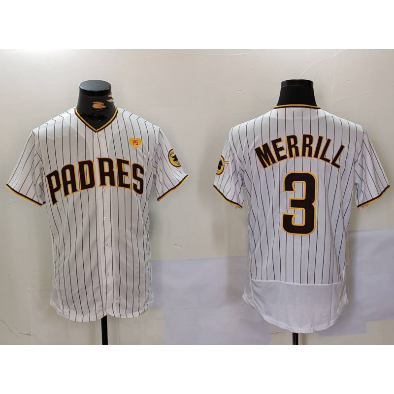 seanshop  San Diego Padres #3 Jackson Merrill White  With PS Patch Stitched Flex Base Jersey 2