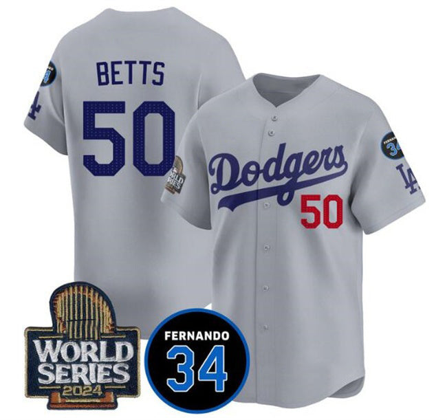 seanshop Los Angeles Dodgers #50 Mookie Betts Grey  2024 World Series With Fernando Memorial Patch Limited Stitched Jersey