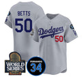 seanshop Los Angeles Dodgers #50 Mookie Betts Grey  2024 World Series With Fernando Memorial Patch Limited Stitched Jersey