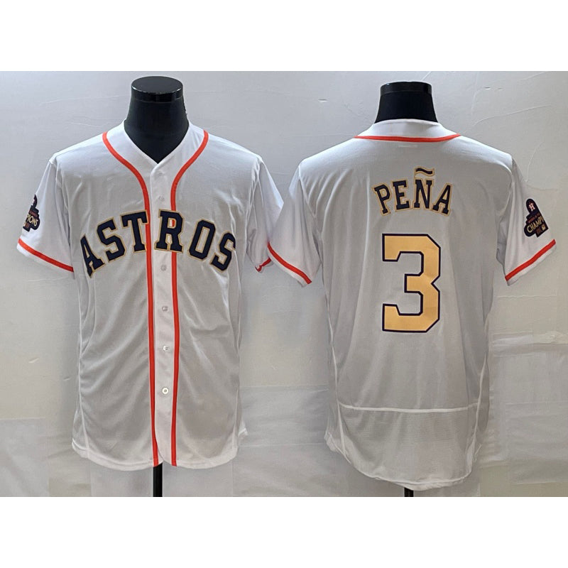 seanshop Houston Astros #3 Jeremy Pena 2023 White Gold  World Serise Champions Patch Flex Base Stitched Jersey